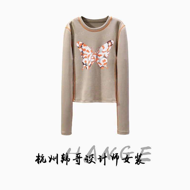 【韩哥女装】2025秋冬《棕蝶笺》卡其色蝴蝶印花高弹打底衫6291-E9