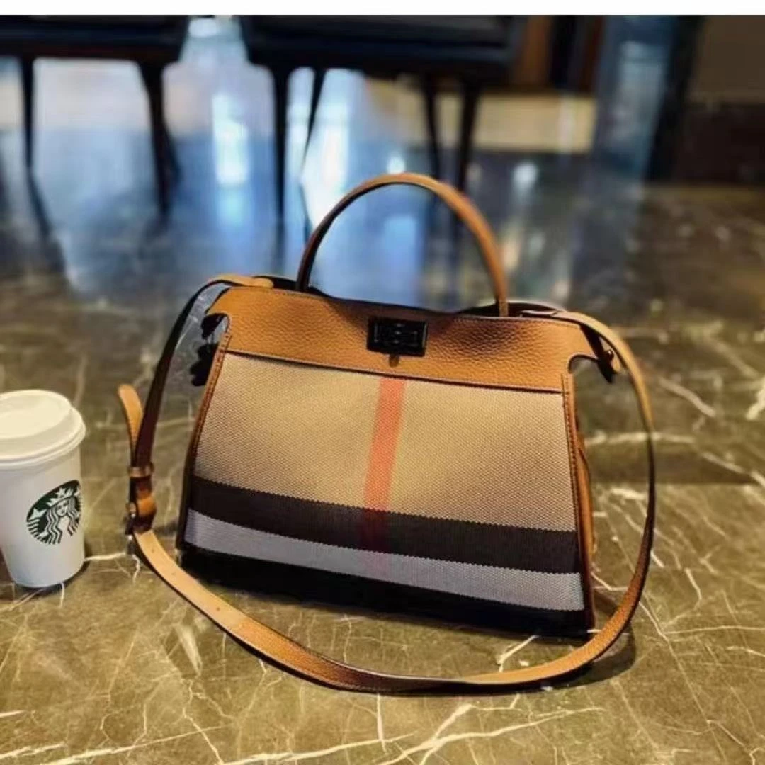 时尚格子手提包单肩包斜挎包头层牛皮