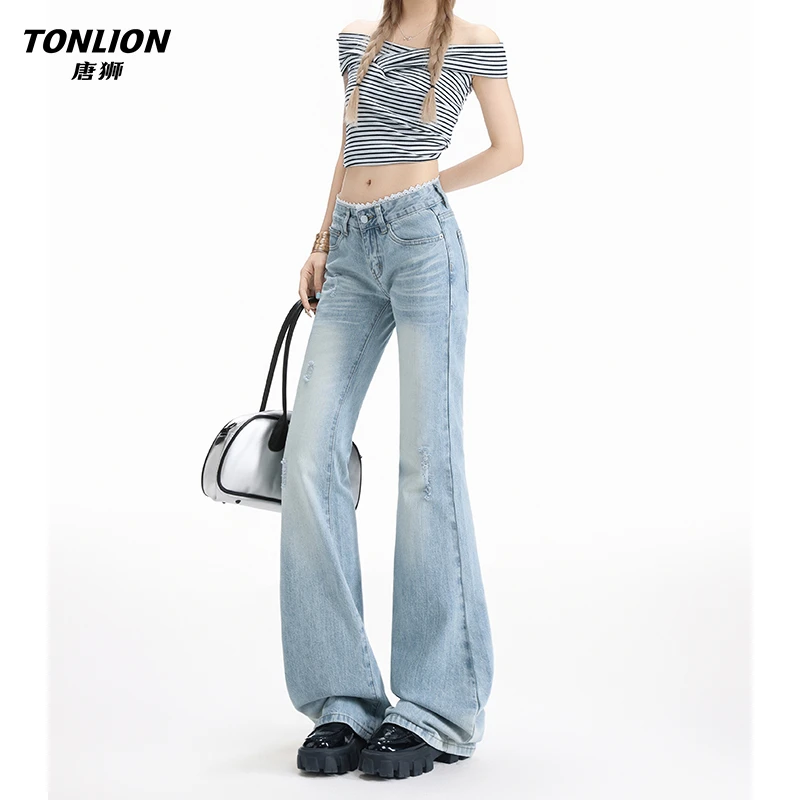 唐狮美式浅蓝窄版微喇叭牛仔裤女新款蕾丝拼接设计显瘦低腰马蹄裤