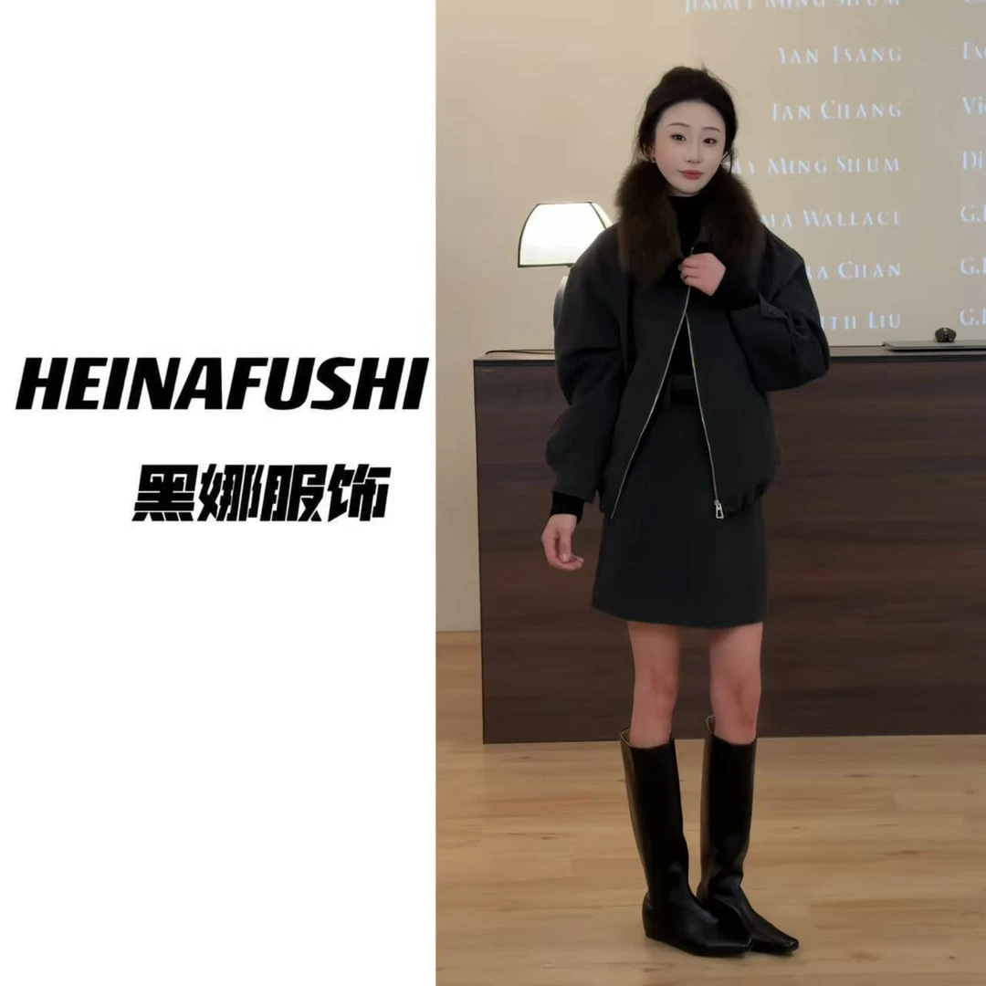 HEINA大狐狸毛韩系毛呢羽绒套装9361