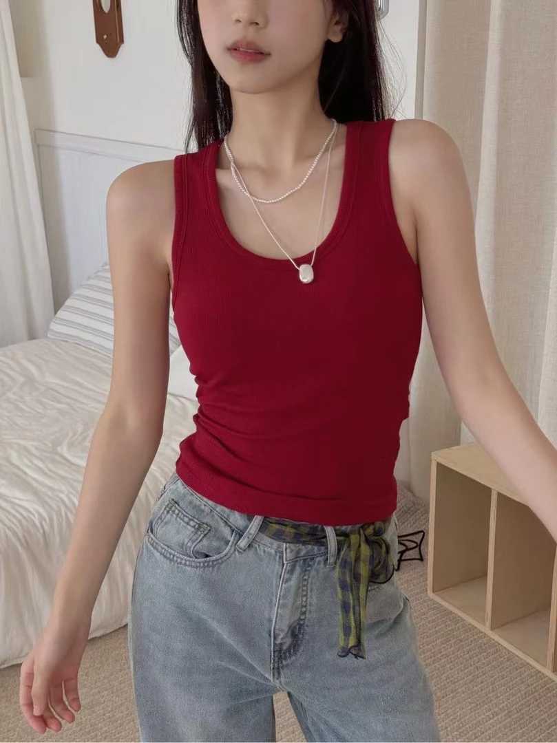 夏季修身显瘦纯色吊带背心女带胸垫9555