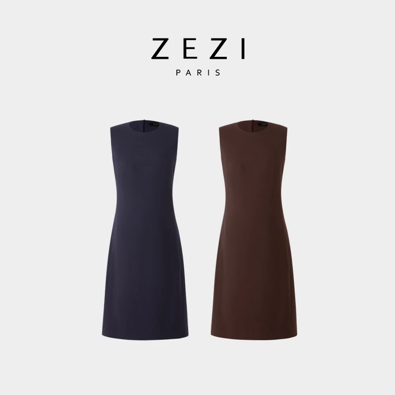 ZEZI【可可专属】100%羊毛连衣裙无袖圆领通勤中长裙Z13C618Q