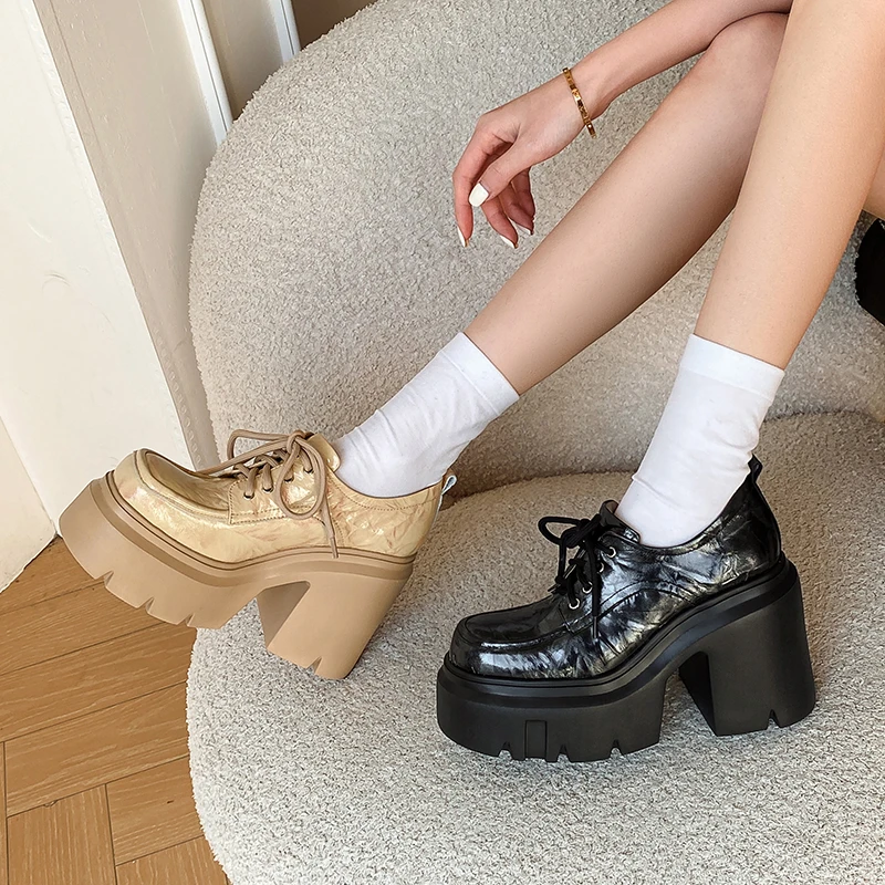 小众时尚复古韩版单鞋圆头厚底高跟皮鞋百搭系带秋季新款浅口女鞋