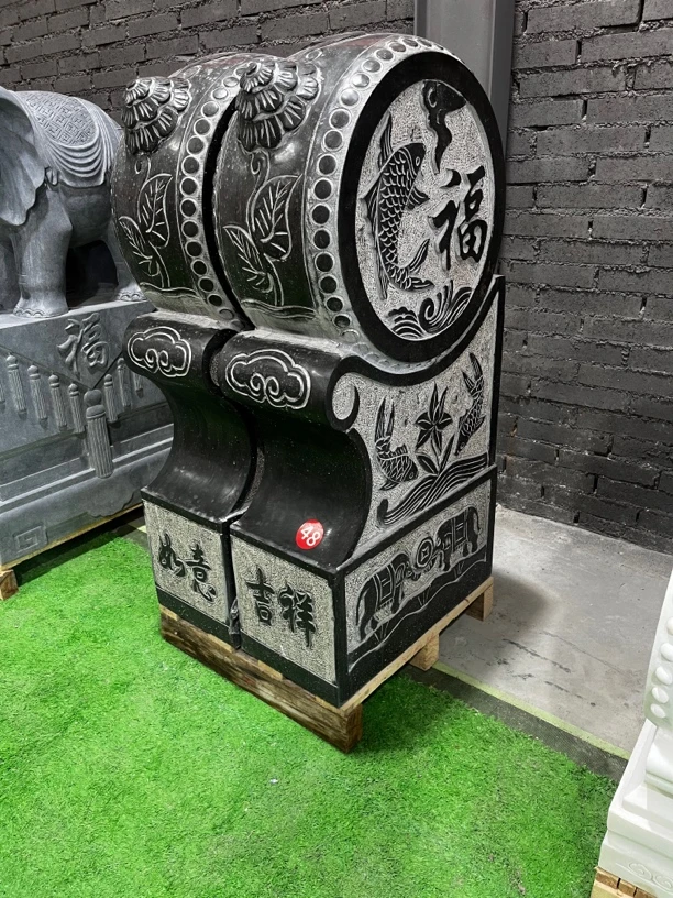 天然青石门墩石鼓吉祥抱鼓石庭院门口福字鱼雕刻摆件