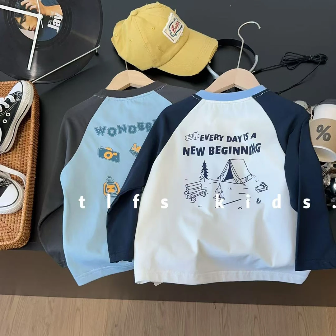 童例「25377卡通拼色纯棉长袖T」秋季休闲打底男童女童百搭长袖衫潮