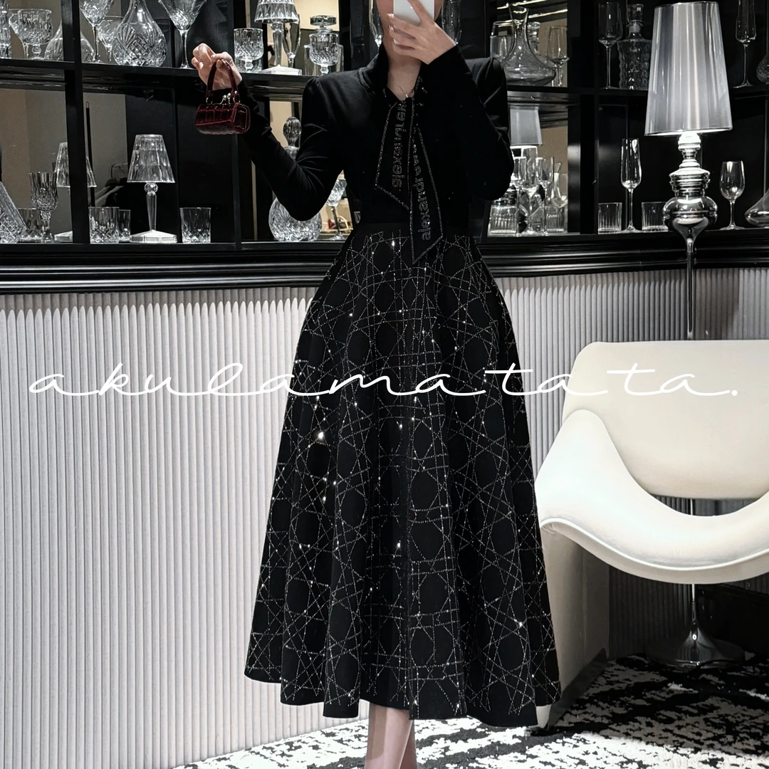 经典百搭复古赫本气质时尚香风领结飘带上衣菱格蓬蓬长裙套装[28]