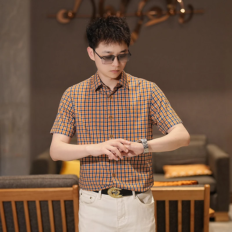 男士夏季新款冰丝商务修身短袖衬衫休闲百搭薄款翻领时尚衬衣