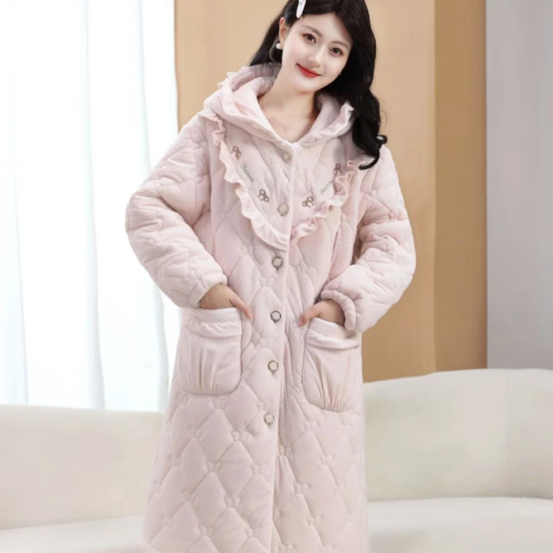 长款043连帽女冬季加厚保暖家居服舒适