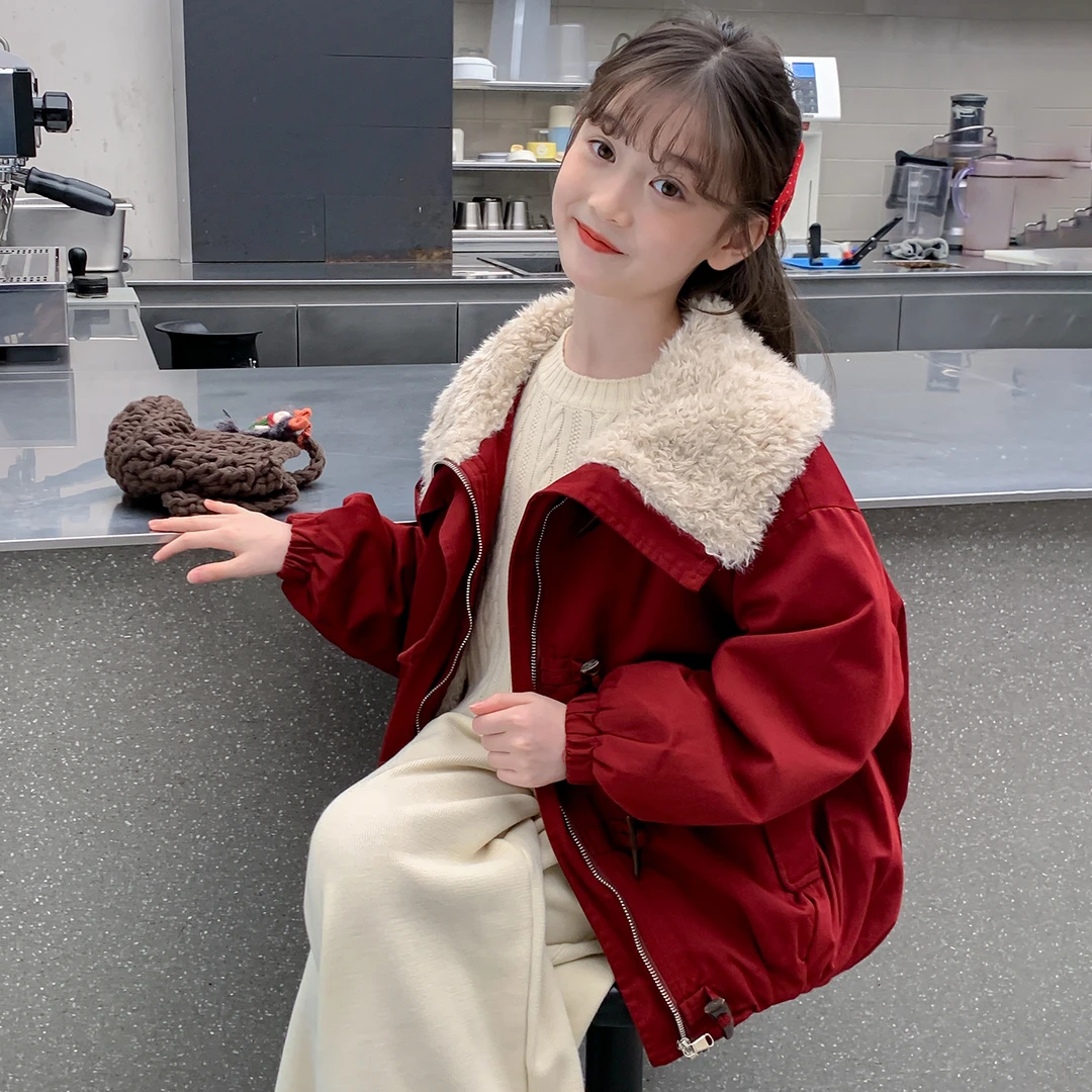 女童加绒加厚派克服2025新款6-12岁15岁中大儿童洋气红色年服外套