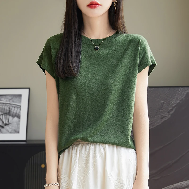 莱赛尔+桑蚕丝+绵羊毛 圆领百搭纯色短袖T恤夏季薄款包袖针织衫