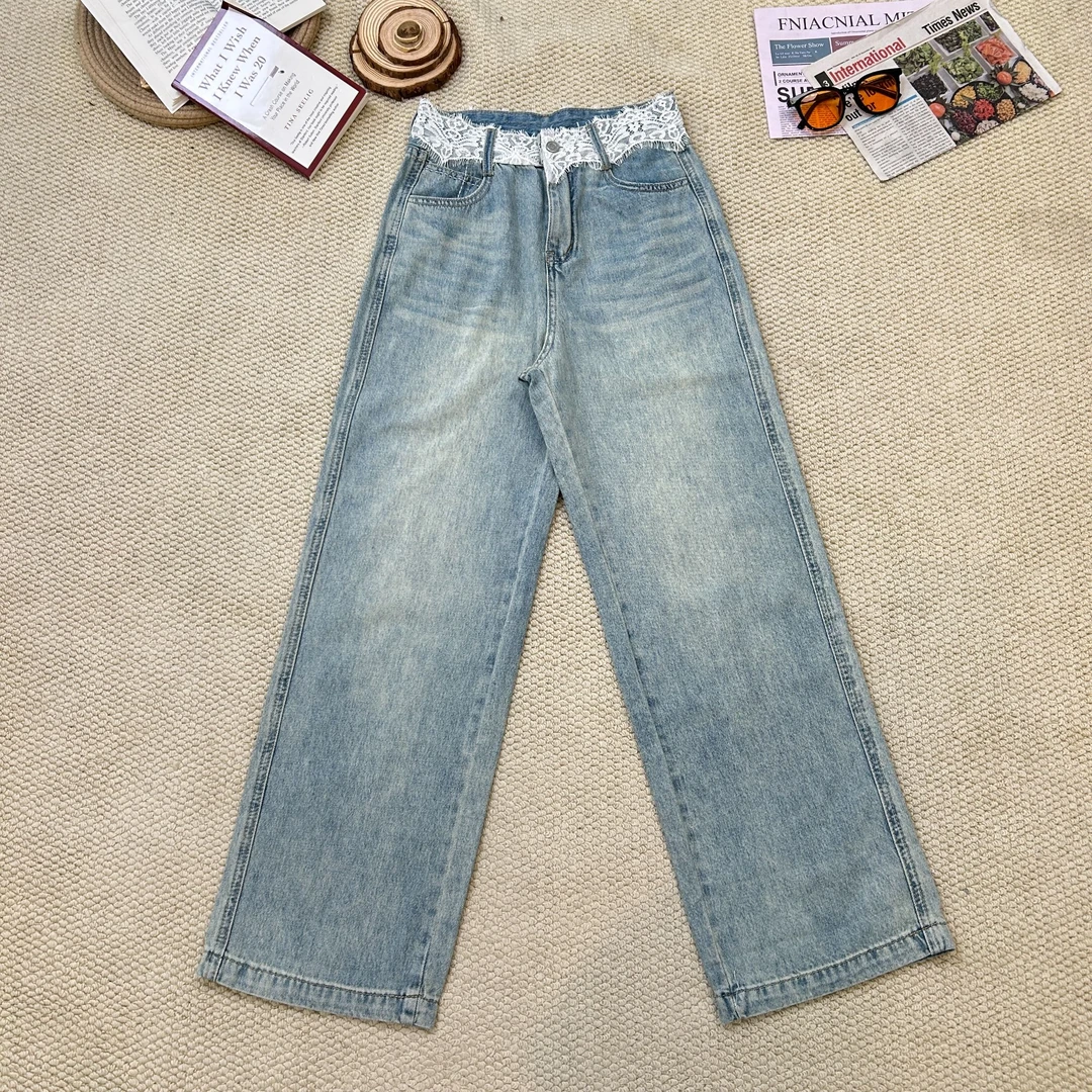 2025夏季新款时尚百搭拼蕾丝边休闲裤牛仔裤阔腿裤1735