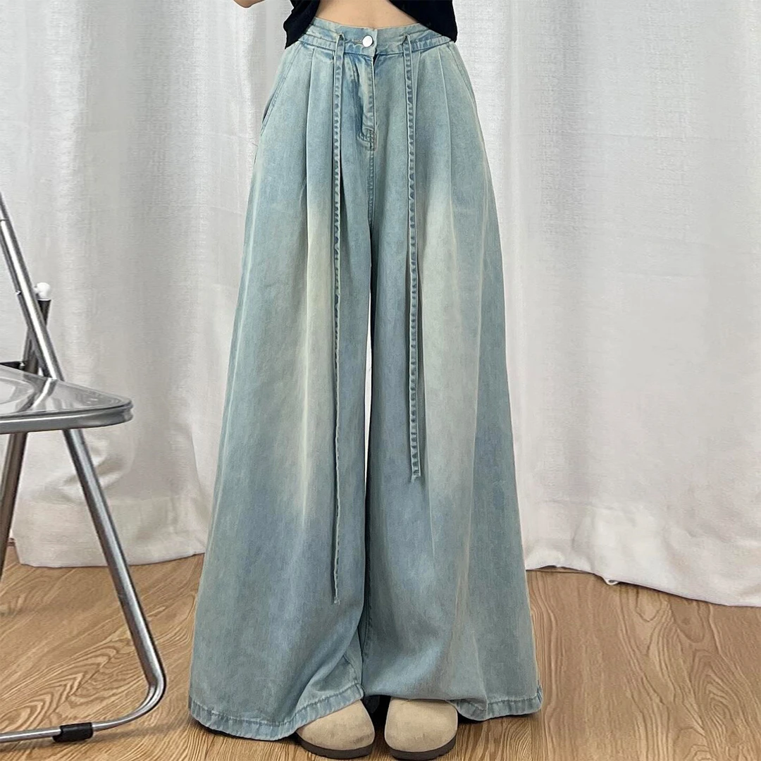 胖mm特大码女装垂感大裤脚拖地冰丝牛仔裤女2025新款高腰阔腿裤子