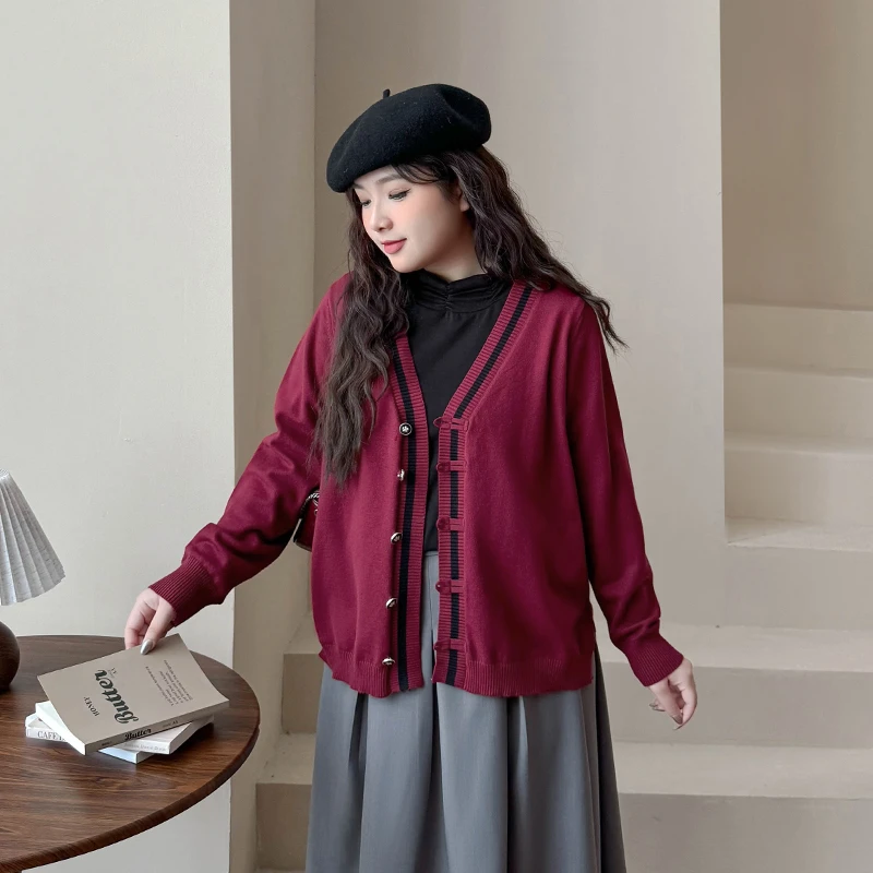 CC5208大码女装【学院风开衫】早春气质温柔风长袖开叉针织毛衣外套