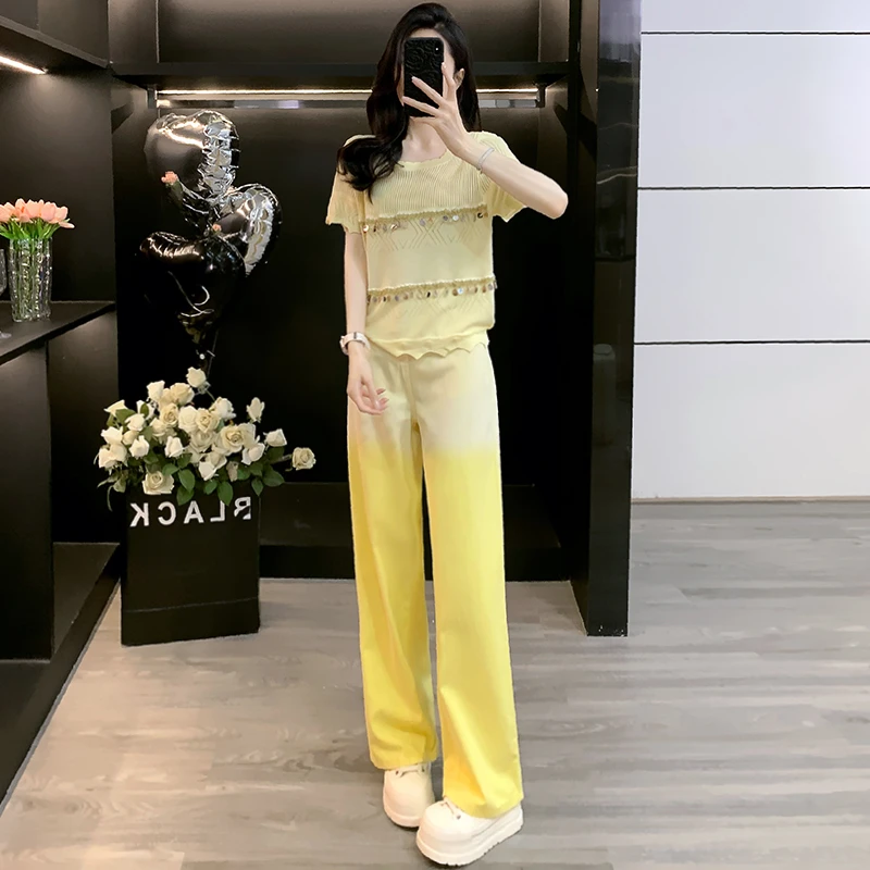 复古轻熟淑女气质套装女高级感冰丝针织短袖上衣阔腿牛仔裤两件套