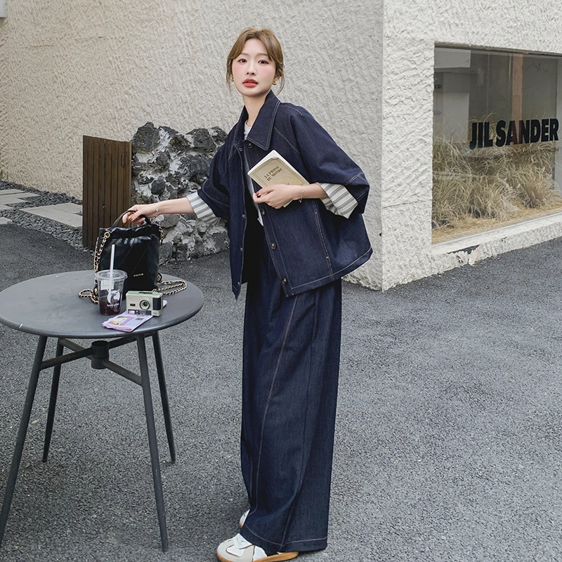 超好看减龄牛仔套装裤女2025春新款韩系宽松夹克上衣阔腿裤两件套