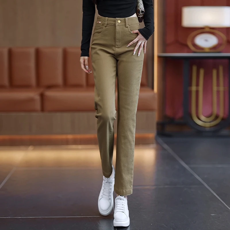 卡其色直筒牛仔裤女春秋2025新款高腰显瘦休闲裤九分小脚烟管裤子