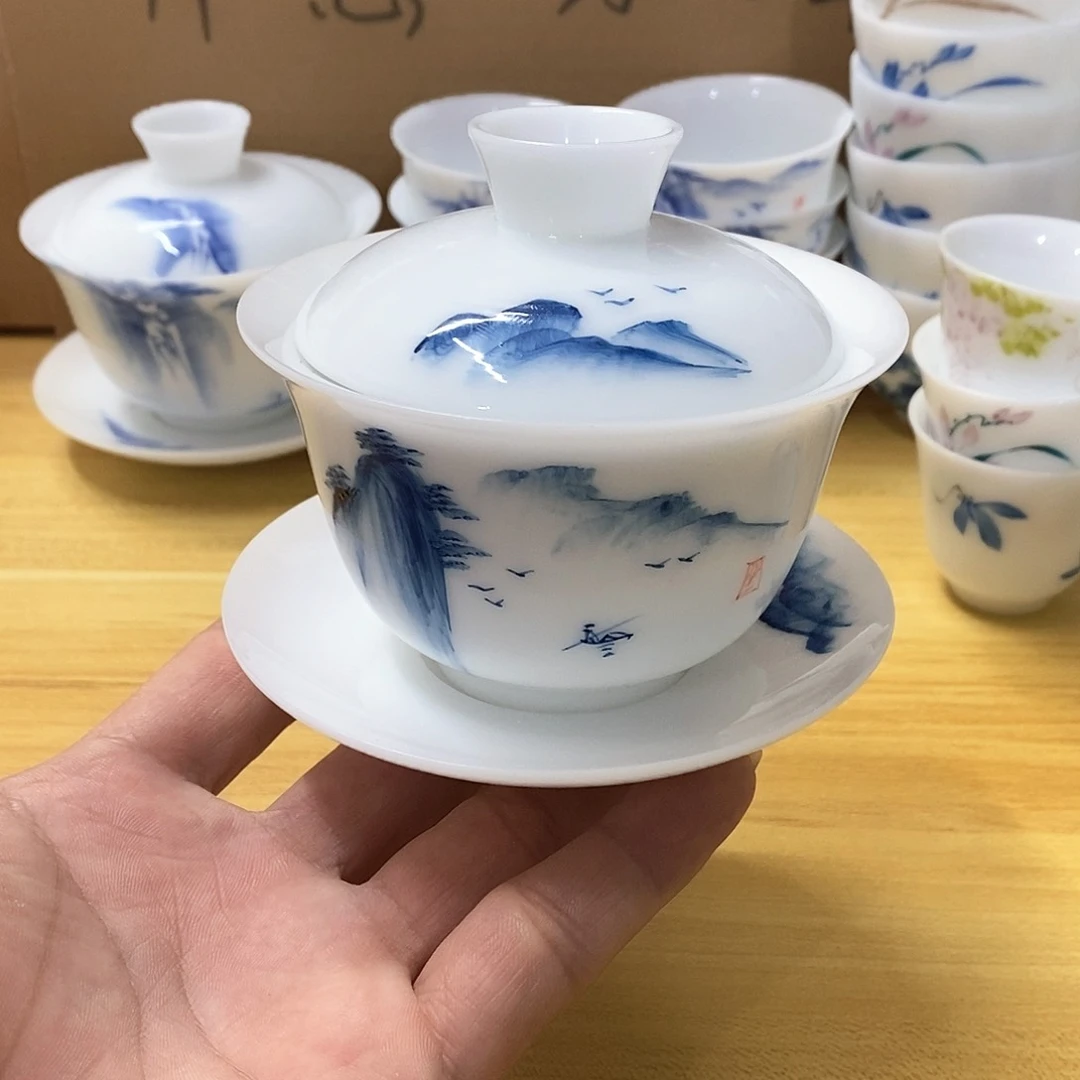 冰种玉瓷手绘盖碗（瑕）160