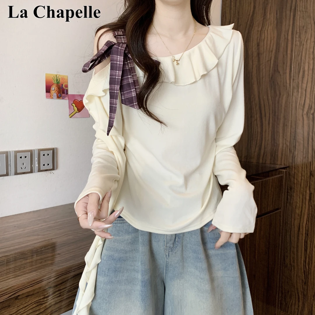 拉夏贝尔时尚洋气韩版格子露肩长袖T恤秋季胖妹妹大码显瘦上衣女