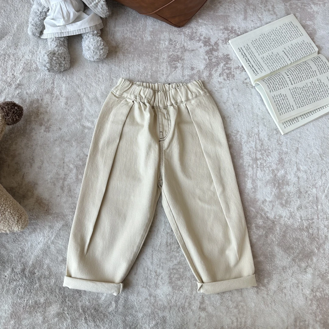 【Golden cherry】儿童杏色百褶卷边直筒休闲裤083076