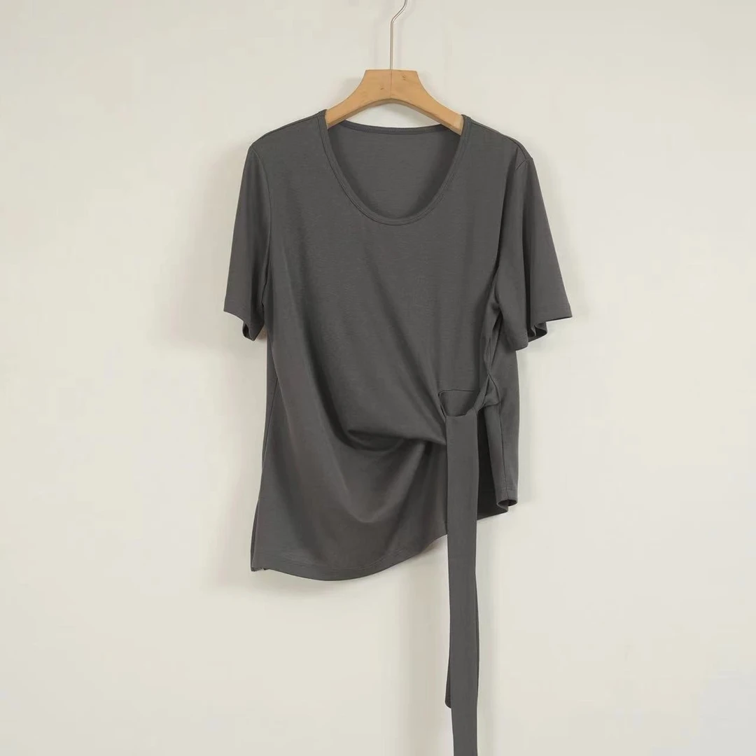 【0926】短袖T恤~冰感十足～时尚U领侧面绑带显瘦休闲不规则短袖T恤