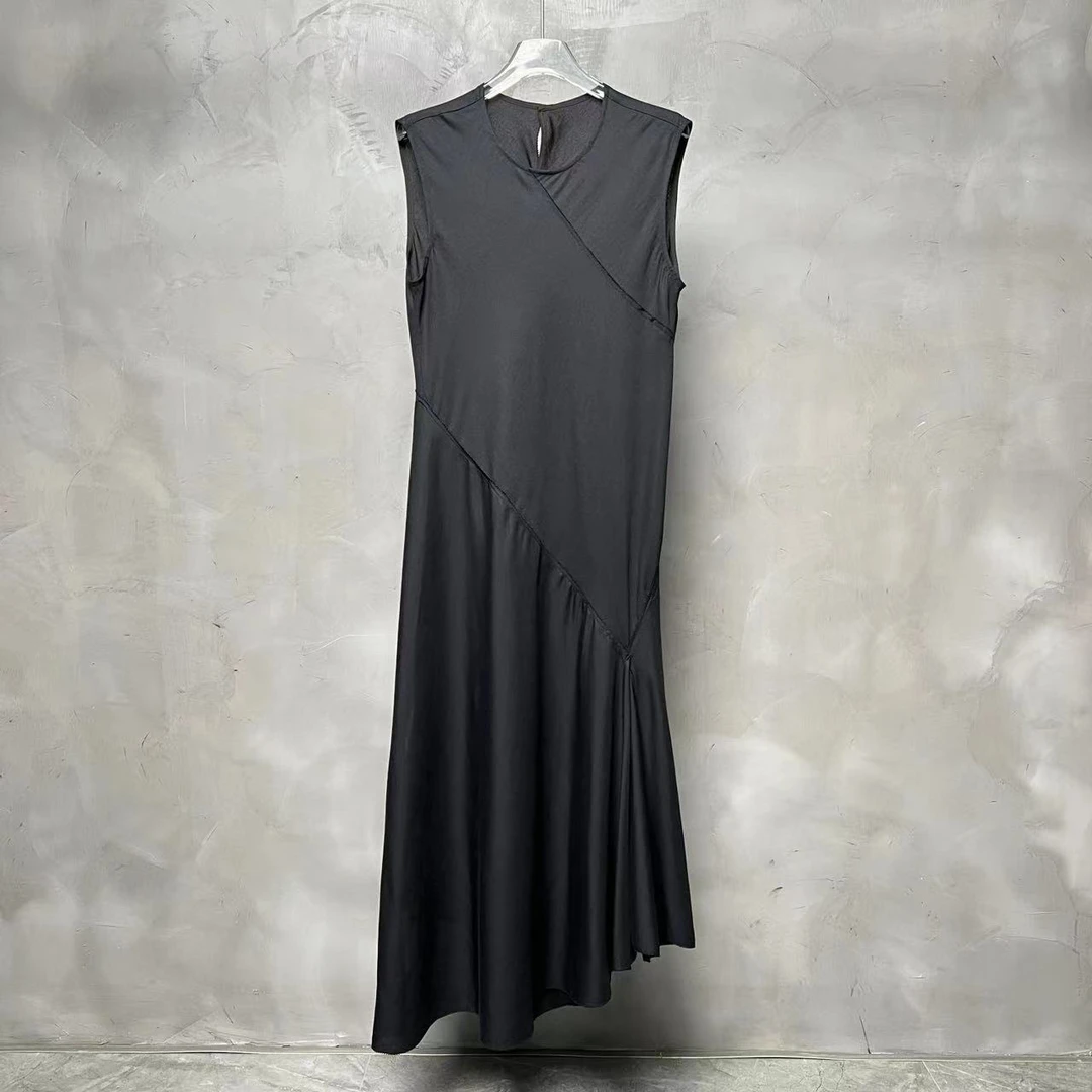 【小黑家】长125短110高端无袖斜裁拼接简单大气极简百搭连衣裙Z1