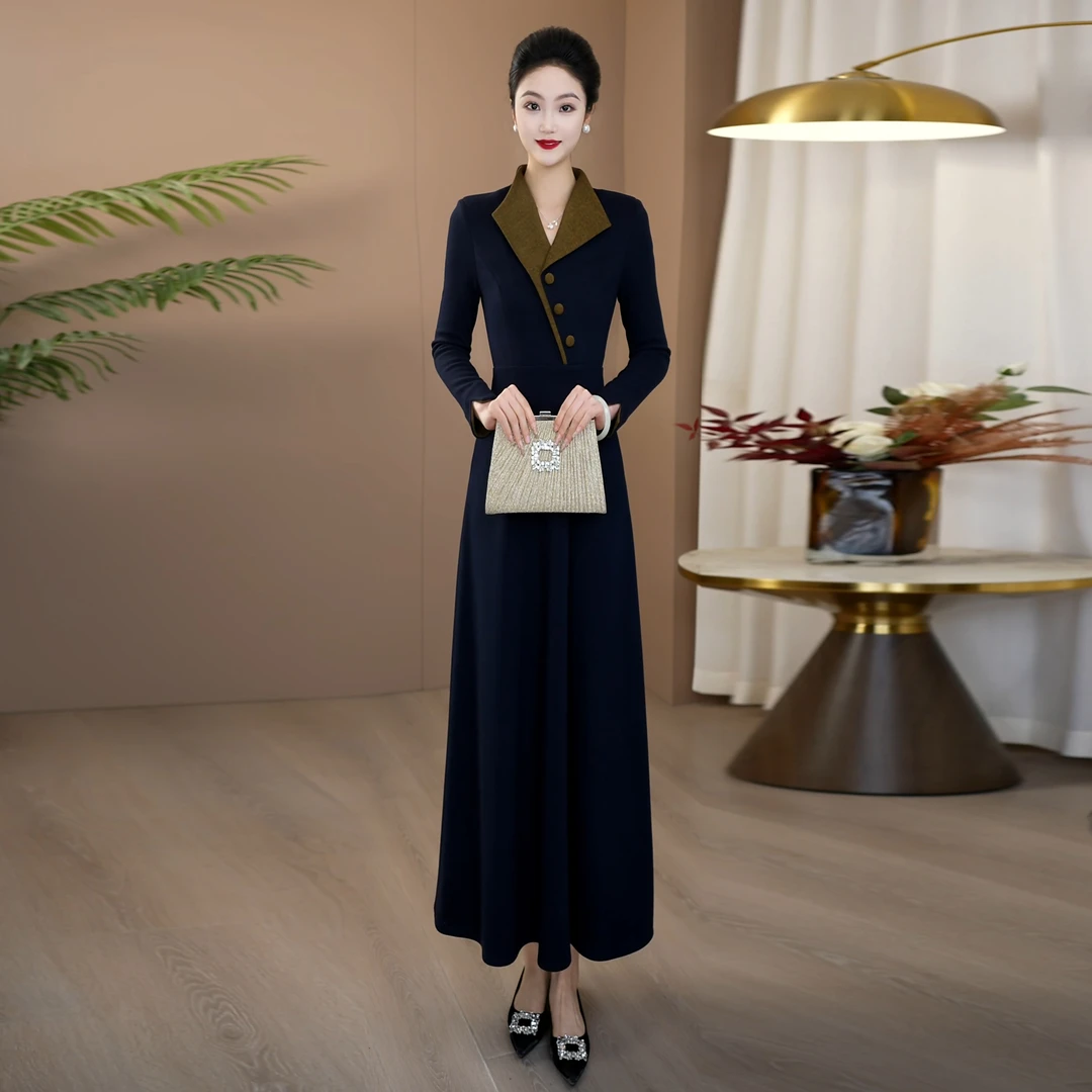 藏蓝色高贵档次连衣裙2025冬季厚款漂亮出片衣服修身气质裙子306