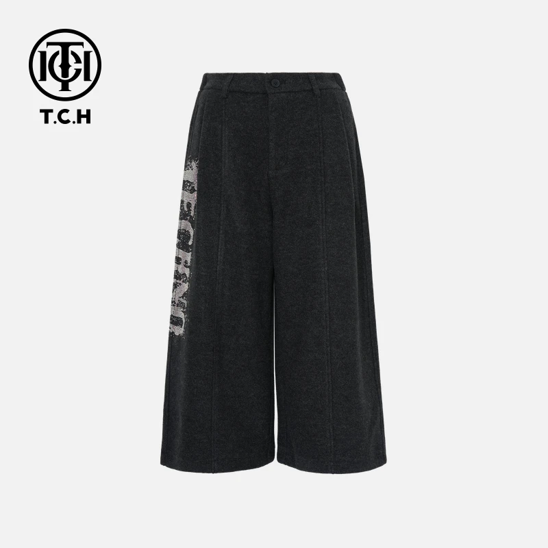 TCH私服秋冬网红感烫钻时尚百搭淑女灰色长裤T75C20E5170X轻奢tch