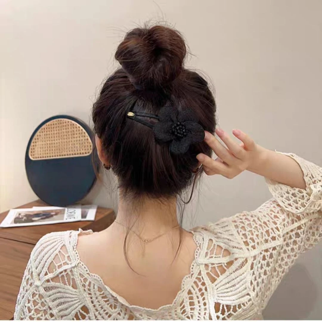 新款韩版黑色蕾丝花朵侧边夹水钻高级感优雅气质BB夹前额碎发夹