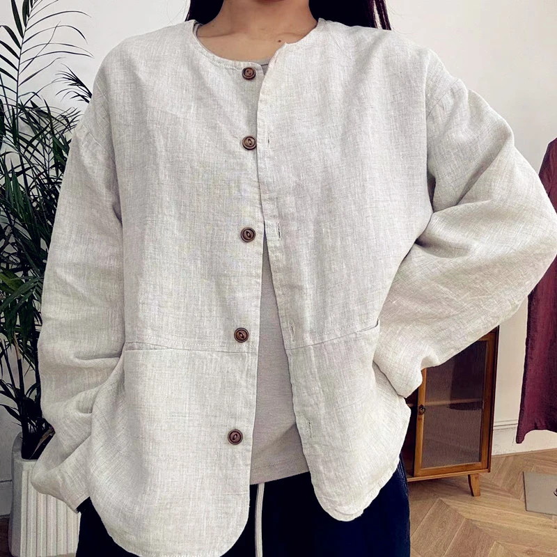 衣米苏荷【许厂长专属】【G3177】汉麻女纯色长袖百搭休闲版圆领外套