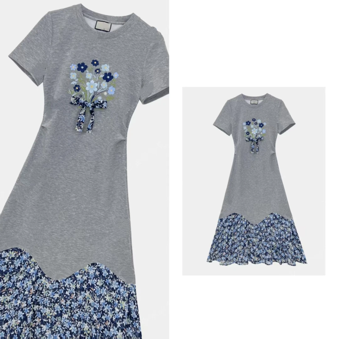 夏日轻奢精致设计师定制女装拼接重工花朵气质显瘦长款连衣裙