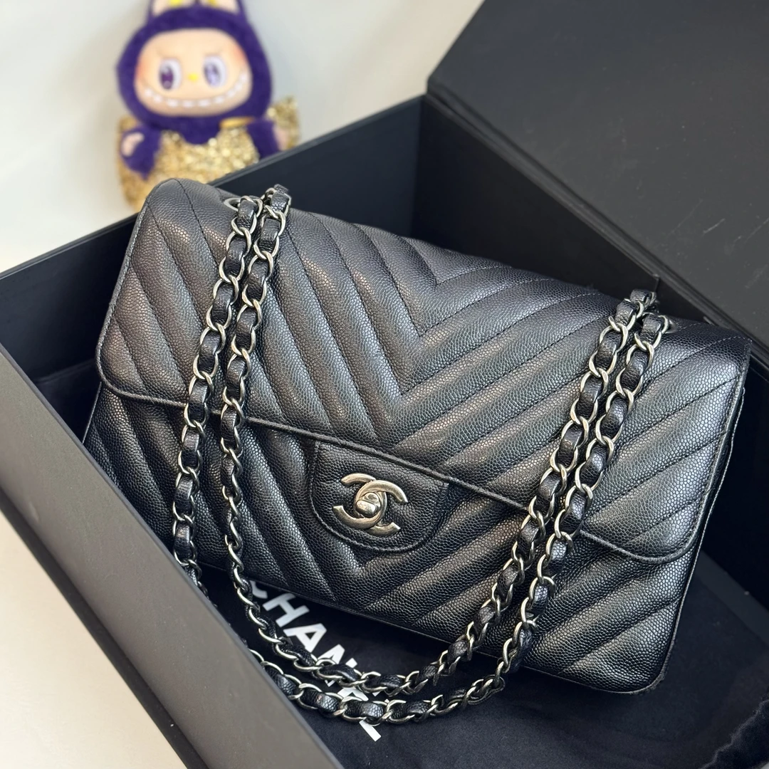 95新 Chanel/香奈儿 黑银荔枝纹中号V纹CF单肩包