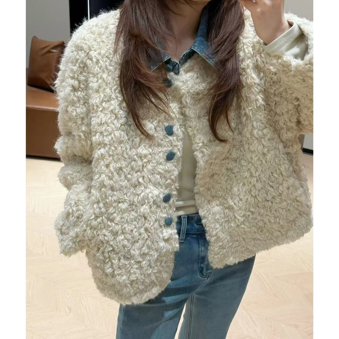 豆子推荐【初念】95258 冬季时尚牛仔领单排扣毛毛外套气质短款