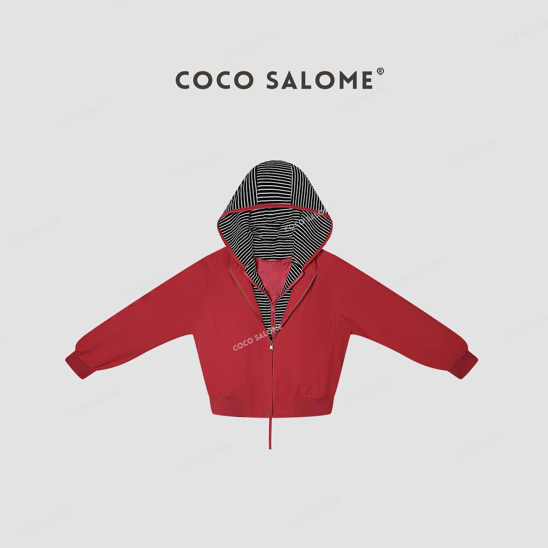 韩彬彬CS"斑马"早春条纹拼接假两件休闲连帽外套1056-(1)