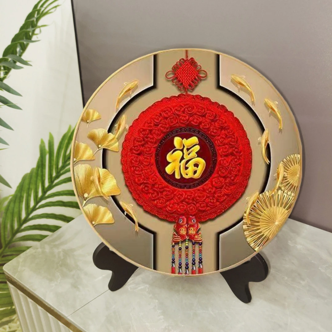 新中式圆形福字中国结玄关装饰画入户走廊挂画摆台