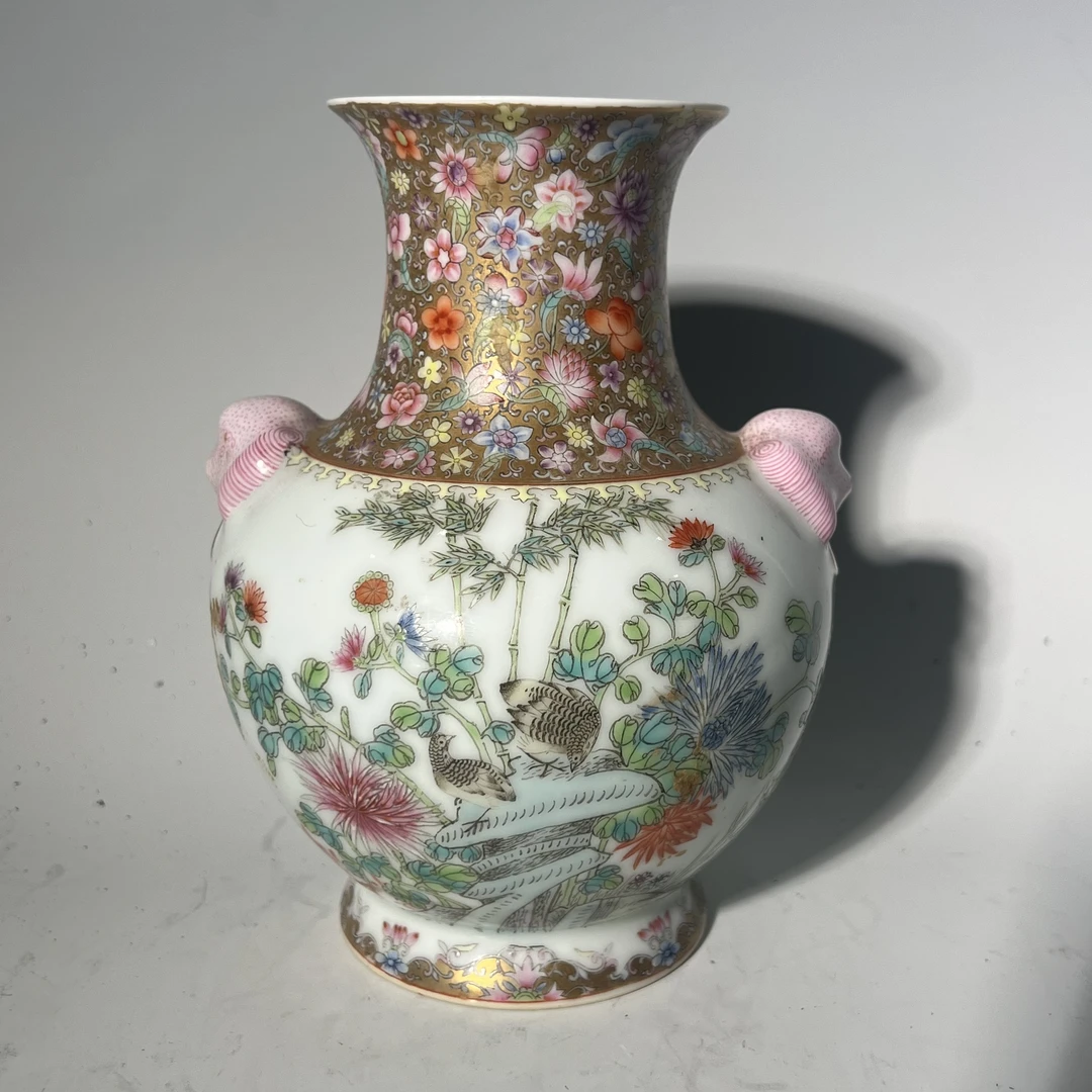 Q-清晚期 粉彩安居乐业图铺首尊 口径7.7 高度17.8