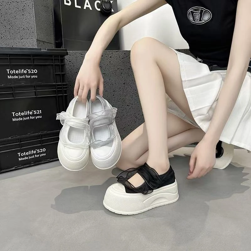 2025新款超轻小厚底玛丽珍拉带蕾丝款透气网面板鞋发泡底猪皮垫