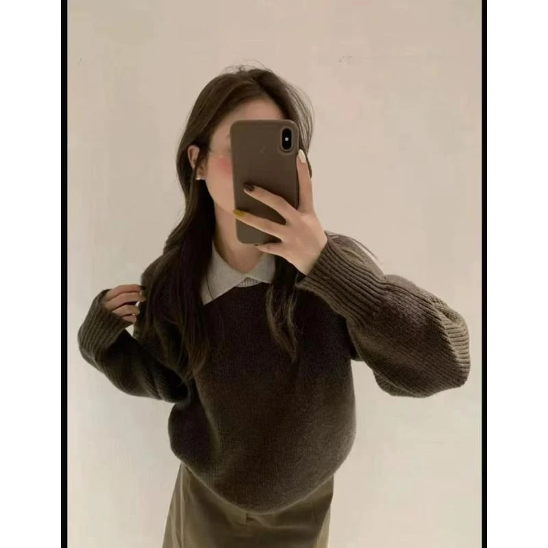 拼色翻领软糯毛衣女秋冬复古洋气遮肉显瘦长袖上衣针织衫3637