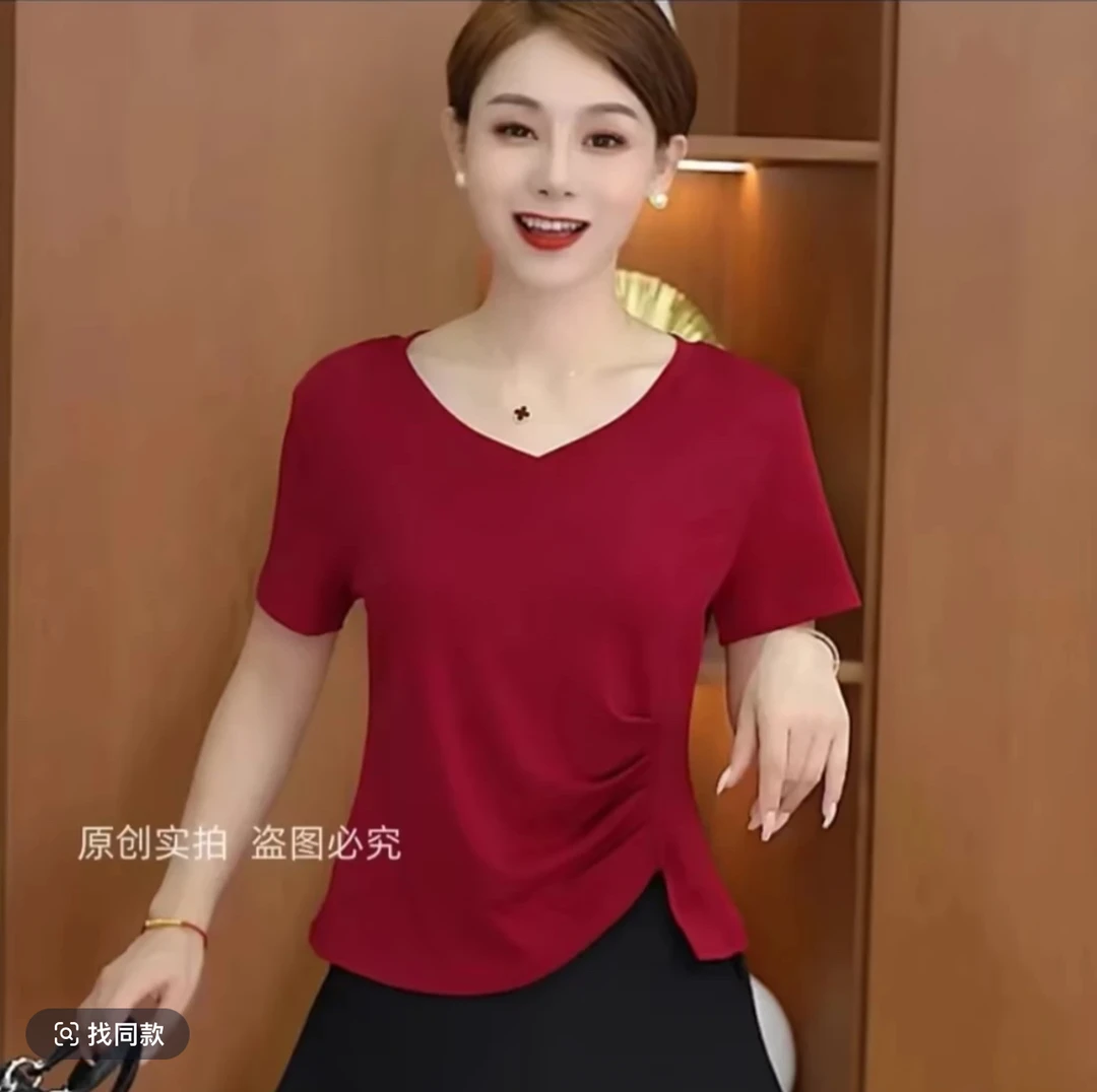 2025新款爆款女短袖T恤显瘦气质修身时尚夏季不规则上衣遮肚子