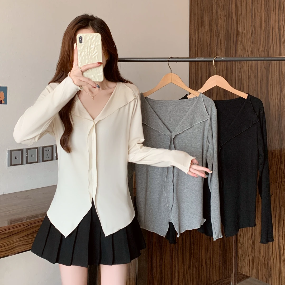 2025秋季大码女装新款设计感翻领木耳边长袖T恤