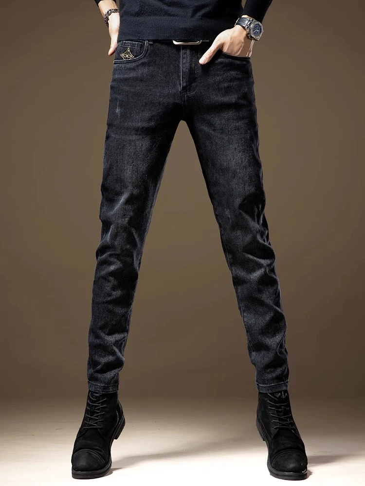 2025高端秋冬印花牛仔裤男直筒修身潮牌时尚弹力休闲百搭小脚裤子