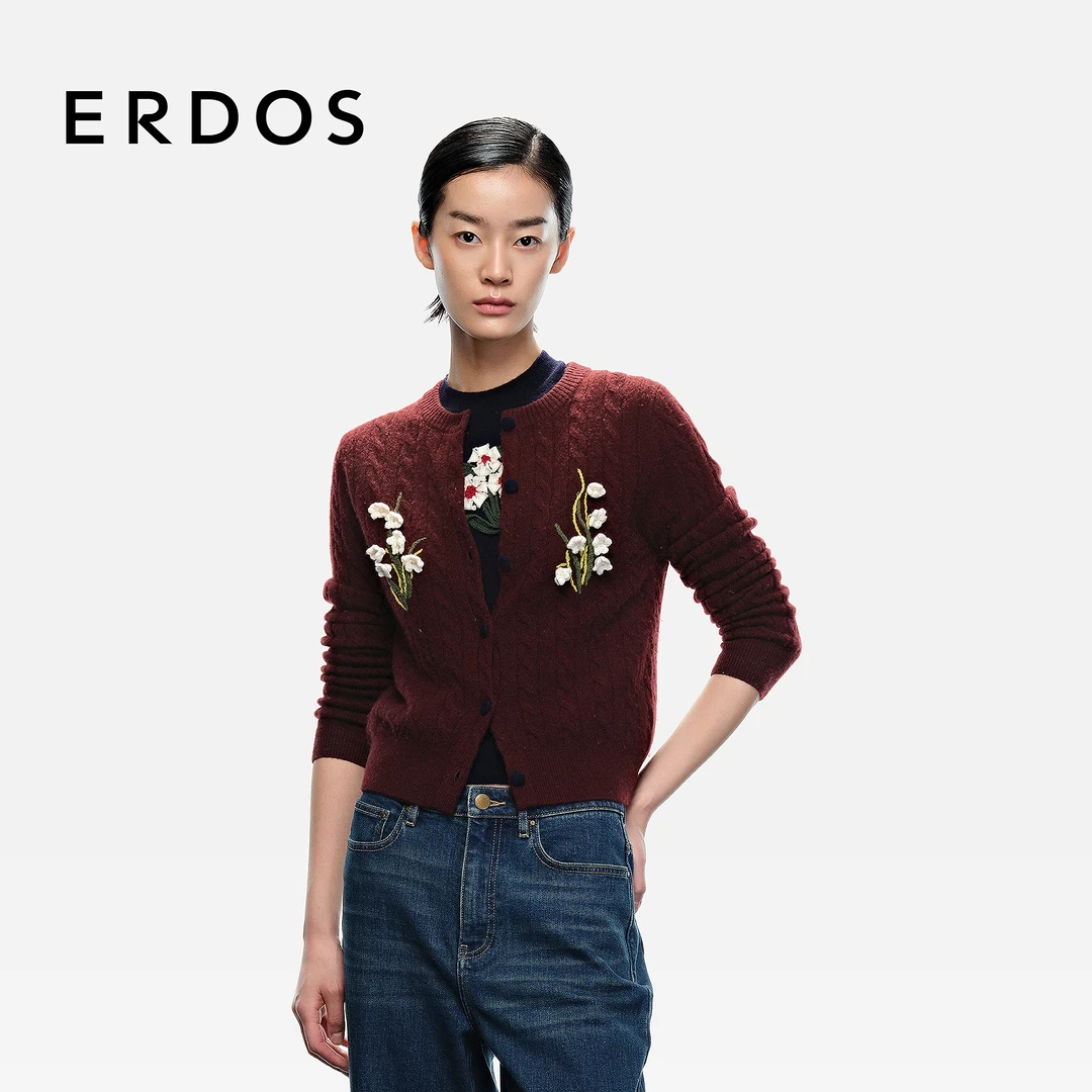 【羊绒立体花束】ERDOS 勃艮第酒红针织开衫【铃兰花语】
