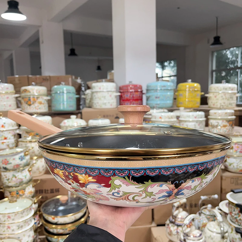 31cm珐琅搪瓷炒锅盛世珍品炒锅无涂层加厚不粘锅木柄燃气电磁灶