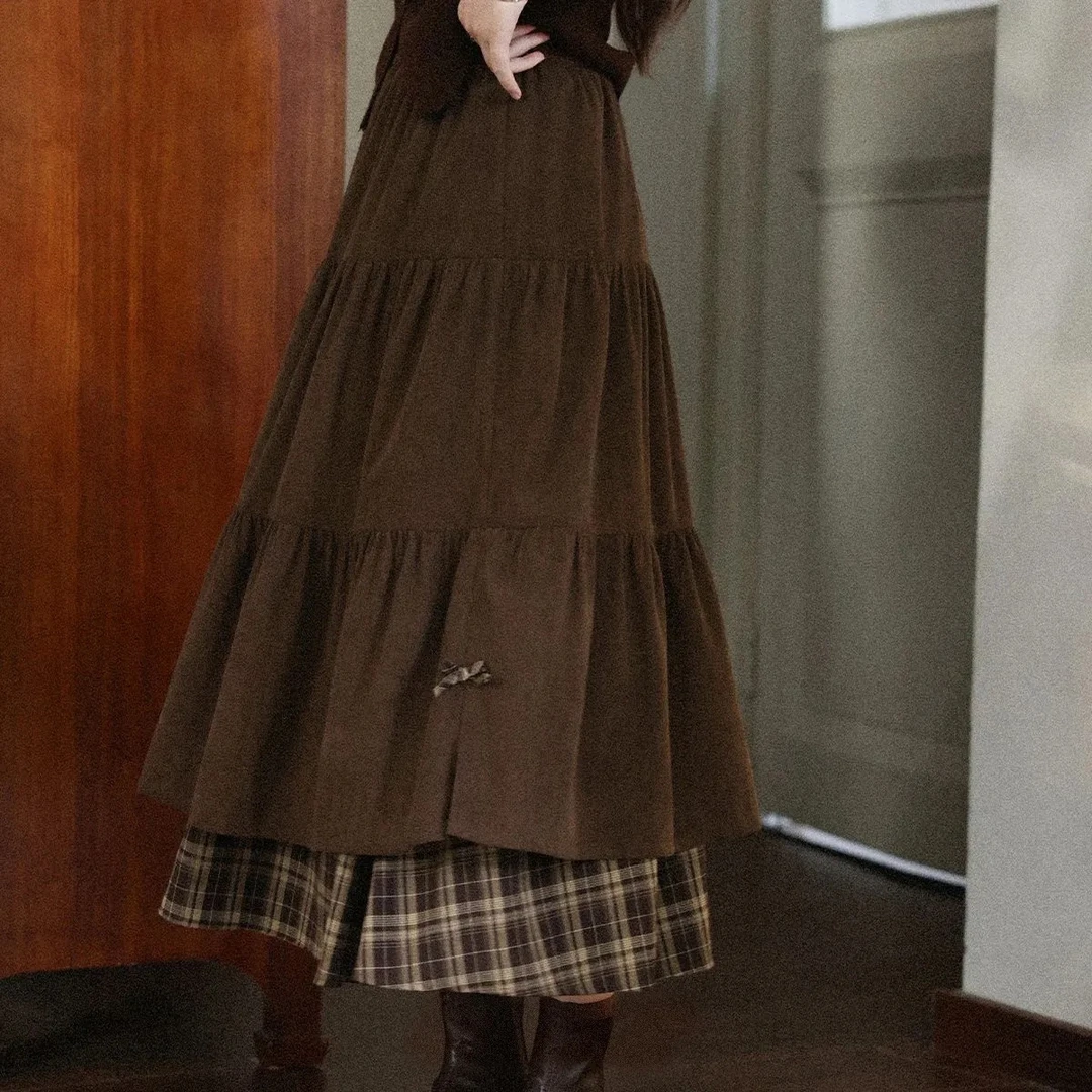 灯芯绒拼接格纹长款半裙2025秋冬加厚日系高腰显瘦蝴蝶结A字长裙