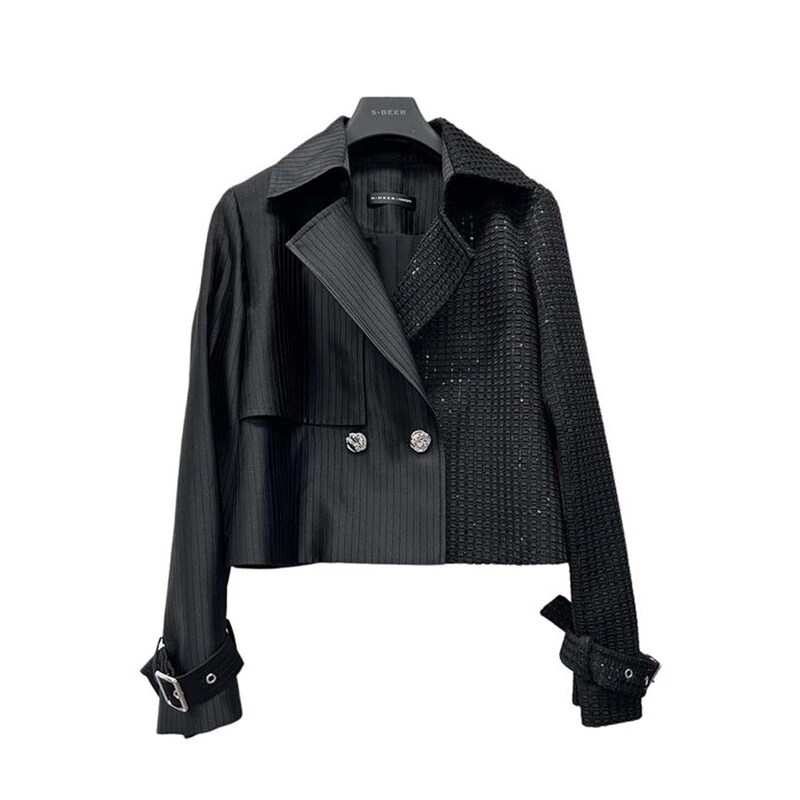 圣迪奥法式OL风翻领格子拼接短款外套S244Z2203