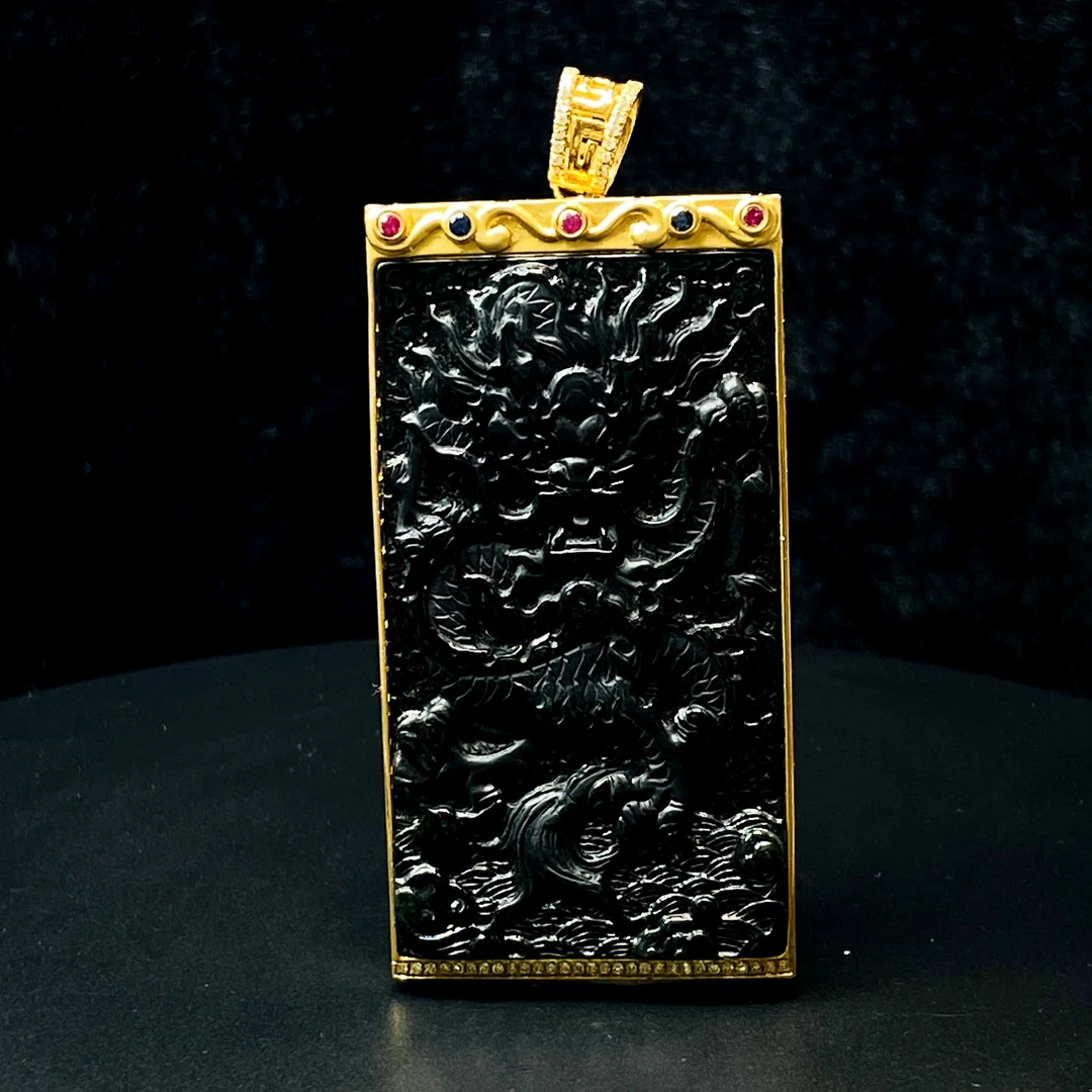 RX29天然缅甸A货翡翠金镶墨翠龙方牌/052328/北京中保拍卖