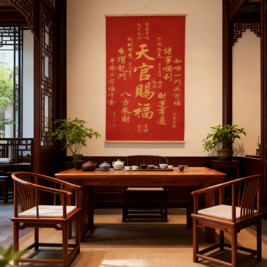 天官赐福挂画新中式吉祥喜庆客厅餐厅玄关书房卷轴装饰壁画背景墙