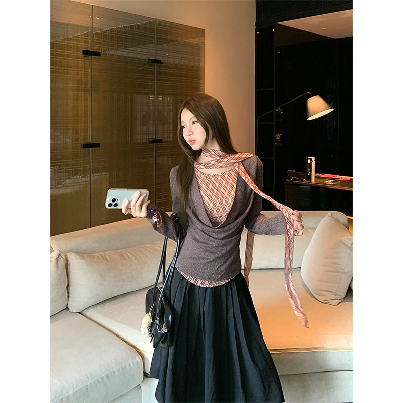 上衣小众女装设计蝴蝶结系带咖色拼接假两件格纹荡领T恤打底衫