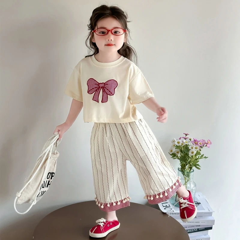 女童套头薄款韩版休闲风时尚纯色套装夏季蝴蝶结女包包时髦洋气