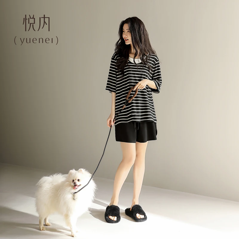 悦内带胸垫睡衣女夏季可外穿纯棉短袖短裤家居服薄款条纹套装
