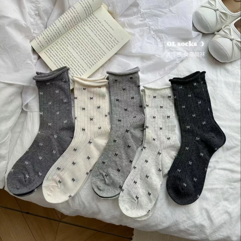 5双装花边镂空蝴蝶结夏季日系薄款透气中高筒薄款棉袜hh
